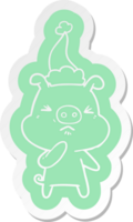 quirky cartoon  sticker of a angry pig wearing santa hat png