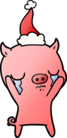 hand drawn gradient cartoon of a pig crying wearing santa hat png