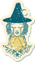 grunge sticker of a crying human witch with natural one D20 dice roll png