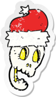 retro distressed sticker of a cartoon christmas hat on skull png