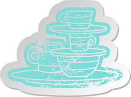 distressed old cartoon sticker of colourful bowls and plates png