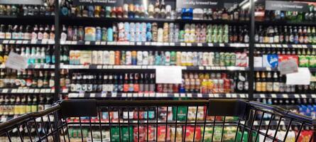 Abstract blurred image of alcohol store with trolley in department store photo