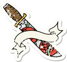 worn old sticker with banner of a dagger and flowers png