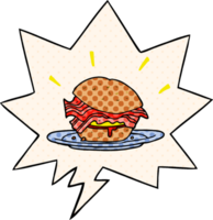 cartoon amazingly tasty bacon breakfast sandwich with cheese with speech bubble in comic book style png