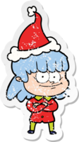 mano disegnato afflitto etichetta cartone animato di un' sorridente donna indossare Santa cappello png