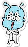distressed sticker of a happy cartoon alien png