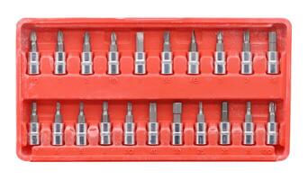 Set of mechanical tools in red plastic box. photo