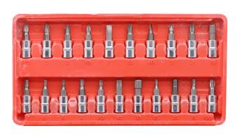 Set of mechanical tools in red plastic box. photo