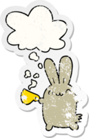 cute cartoon rabbit drinking coffee with thought bubble as a distressed worn sticker png