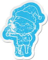 happy quirky cartoon distressed sticker of a bald man wearing santa hat png