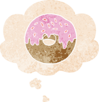 cartoon donut with thought bubble in grunge distressed retro textured style png
