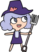 cartoon farmer girl with fork png