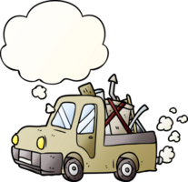 tekenfilm oud vrachtauto met gedachte bubbel in glad helling stijl png