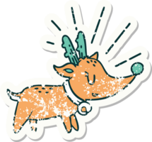 worn old sticker of a tattoo style christmas reindeer png