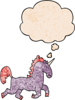 cartoon unicorn with thought bubble in grunge texture style png