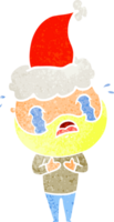 hand drawn retro cartoon of a bearded man crying wearing santa hat png