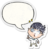 cartoon clever boy with idea with speech bubble distressed distressed old sticker png