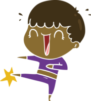 laughing flat color style cartoon man karate kicking png