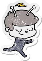 distressed sticker of a friendly cartoon spaceman running png