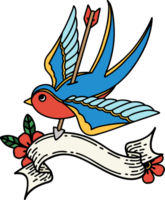 traditional tattoo with banner of a swallow pierced by arrow png