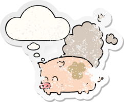 cartoon smelly pig with thought bubble as a distressed worn sticker png