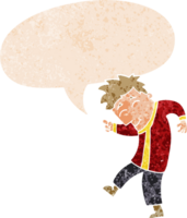 dibujos animados bailando hombre con habla burbuja en grunge afligido retro texturizado estilo png