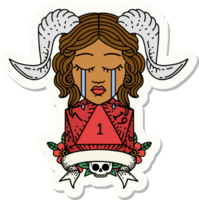 sticker of a crying tiefling with natural one D20 dice roll png