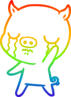 rainbow gradient line drawing of a cartoon pig crying waving goodbye png