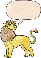 dibujos animados león con habla burbuja en retro textura estilo png