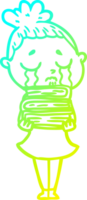 cold gradient line drawing of a cartoon crying woman with stack of books png