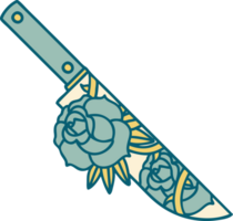 iconic tattoo style image of a dagger and flowers png