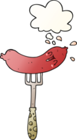 desenho animado feliz linguiça em garfo com pensamento bolha dentro suave gradiente estilo png