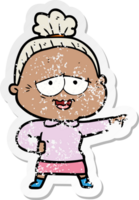 distressed sticker of a cartoon happy old lady png