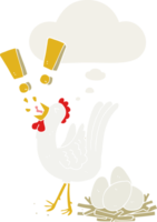 cartoon chicken laying egg with thought bubble in retro style png