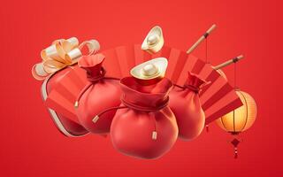 Red cartoon festive bag and Chinese ancient background, 3d rendering. photo