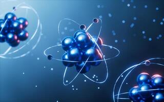 Physics atom with dark blue background, 3d rendering. photo