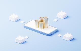 Cell phone and golden coins, 3d rendering. photo