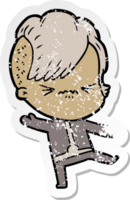 distressed sticker of a cartoon annoyed hipster girl wearing space suit png