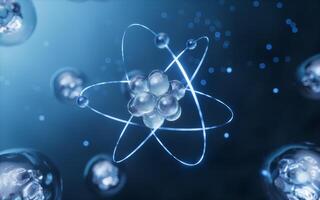 Physics atom with dark blue background, 3d rendering. photo