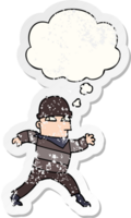 cartoon thief with thought bubble as a distressed worn sticker png