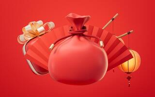 Red cartoon festive bag and Chinese ancient background, 3d rendering. photo