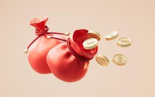 Red festive bag and golden coins, 3d rendering. photo