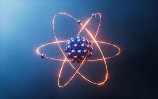 física átomo con oscuro azul fondo, 3d representación. foto