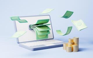 A laptop and money coming from it, 3d rendering. photo