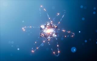 Physics atom with dark blue background, 3d rendering. photo