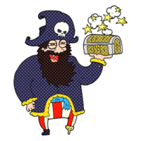 mano dibujado dibujos animados pirata capitán con tesoro cofre png