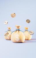 Yellow cartoon money bag and golden coins, 3d rendering. photo