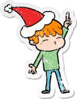 main tiré affligé autocollant dessin animé de une curieuse garçon portant Père Noël chapeau png