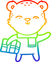 rainbow gradient line drawing of a happy cartoon bear with present png