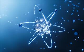 física átomo con oscuro azul fondo, 3d representación. foto